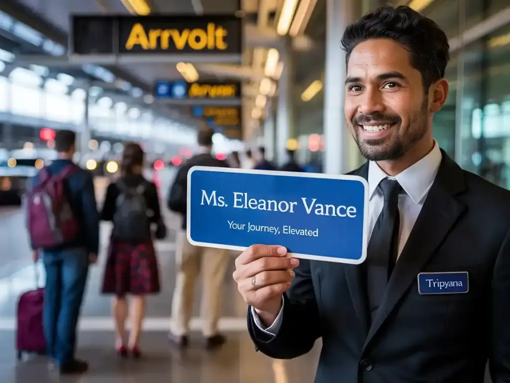 Tripyana chauffeur greeting a guest in the Heathrow arrivals hall after a flight-tracked landing