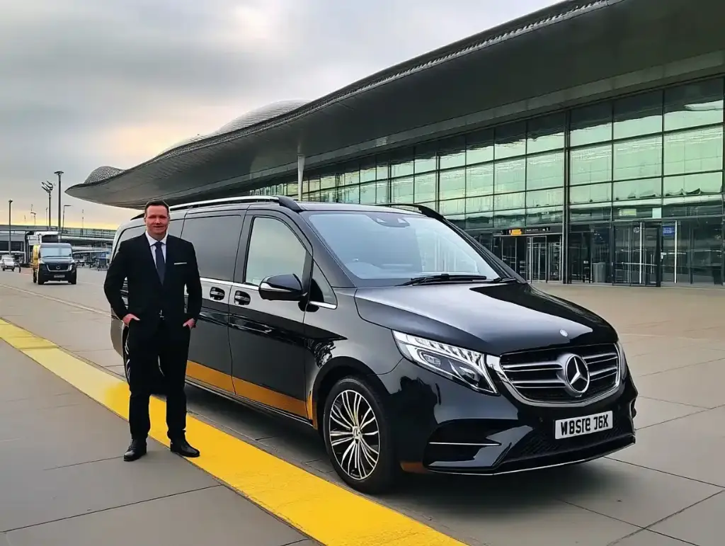 Executive airport transfers — chauffeur beside a black Mercedes V-Class at the terminal