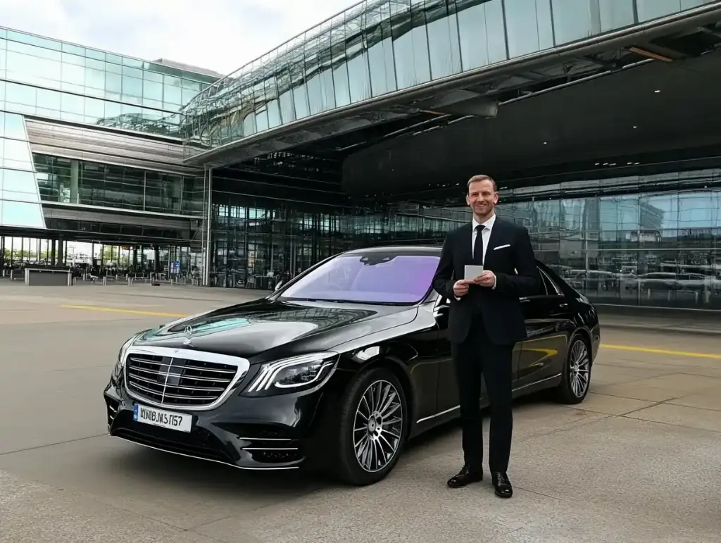 سائق بجانب سيارة مرسيدس S-Class سوداء عند مبنى الوصول في المطار