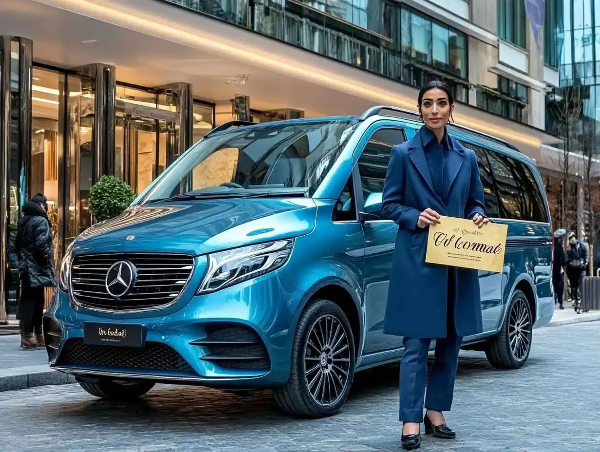 استقبال في مطار ستانستد مندوبة تريبيانا تحمل لوحة الترحيب بجانب مرسيدس V-Class عند مطار ستانستد