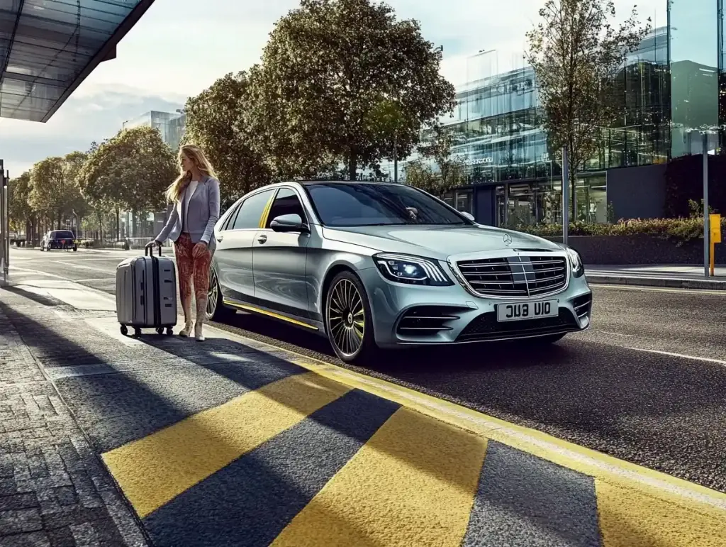 Chauffeur car in London — Mercedes S-Class waiting at the kerb for a passenger with luggage