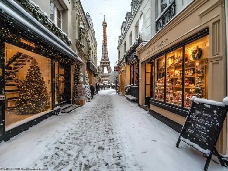 A Paris street in winter with the Eiffel Tower at the end of it, the arrival side of the journey