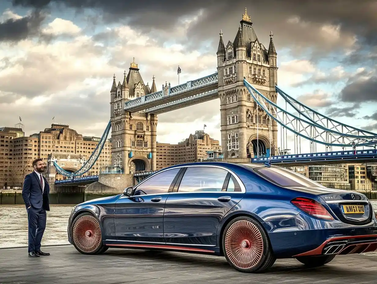 سائق تريبيانا مع مرسيدس S-Class أمام جسر البرج في لندن