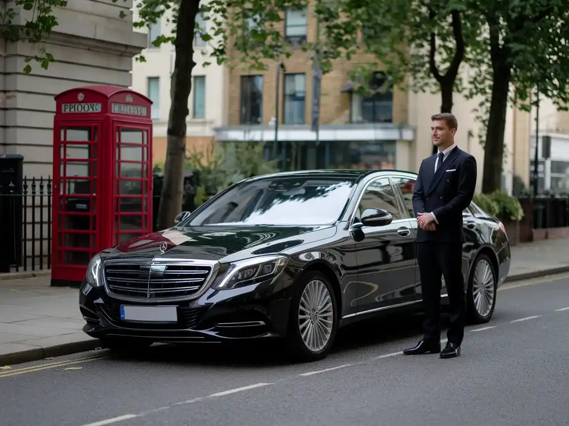 Professional chauffeur standing beside a black Mercedes S-Class in London