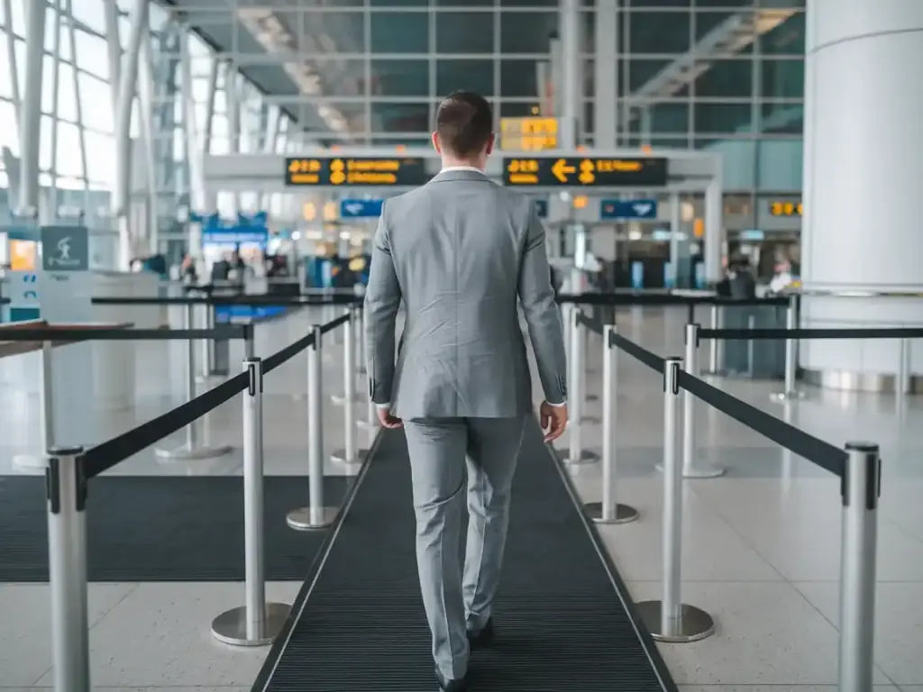 Traveller in a suit walking along a Fast Track lane in an airport terminal