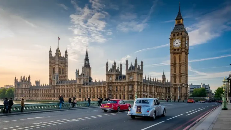 a bridge with a clock tower and cars on it
