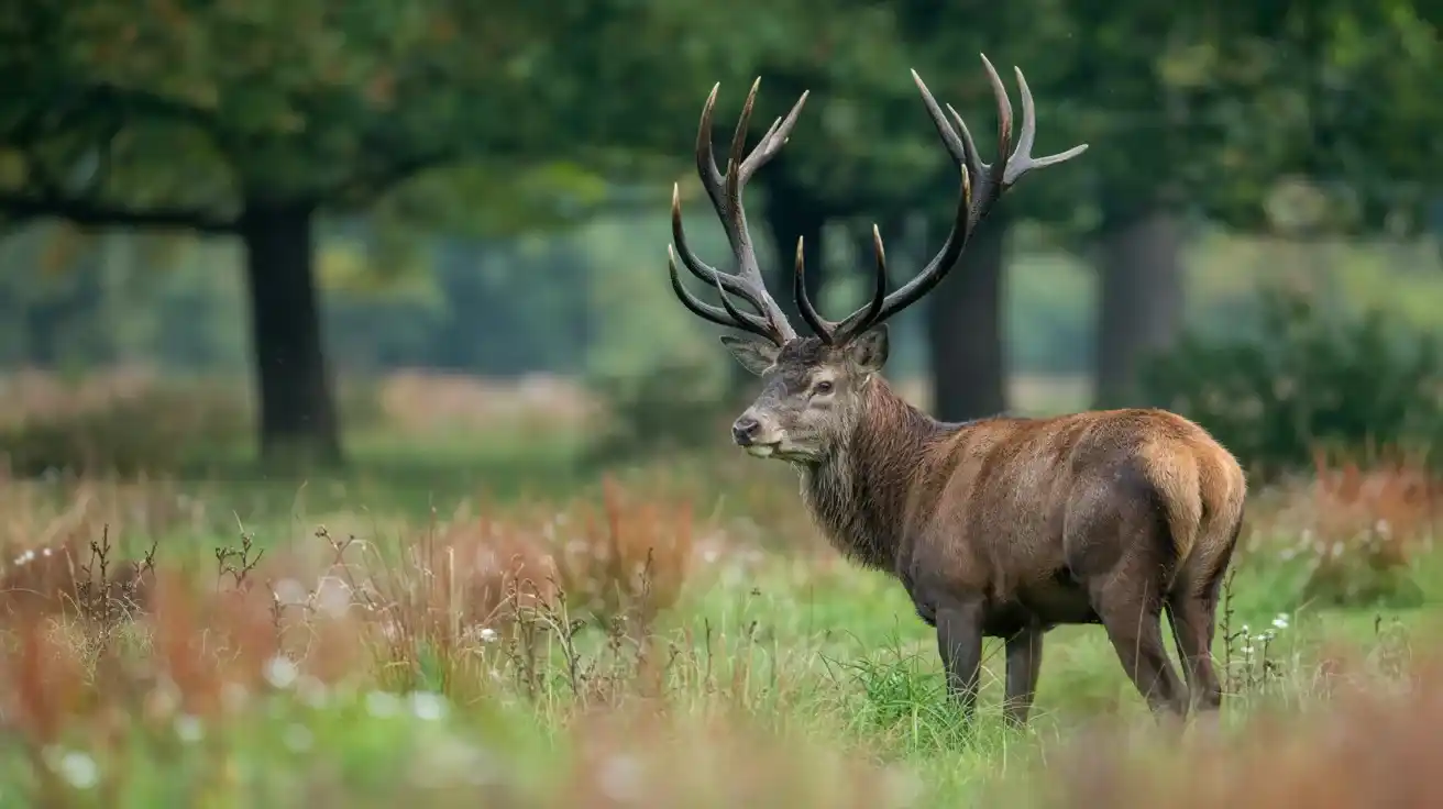 A red stag in a Royal Park deer herd — Bushy Park's deer graze beside Hampton Court Palace