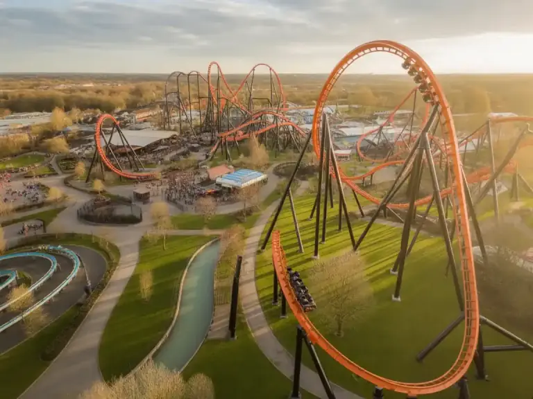Aerial view of the roller coasters at Thorpe Park, 24 miles from central London