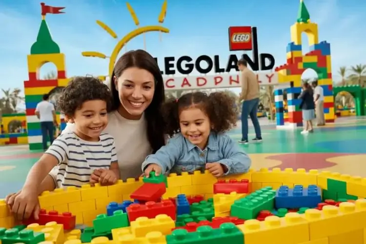 A mother and two children building with Lego bricks at the Legoland Windsor entrance plaza