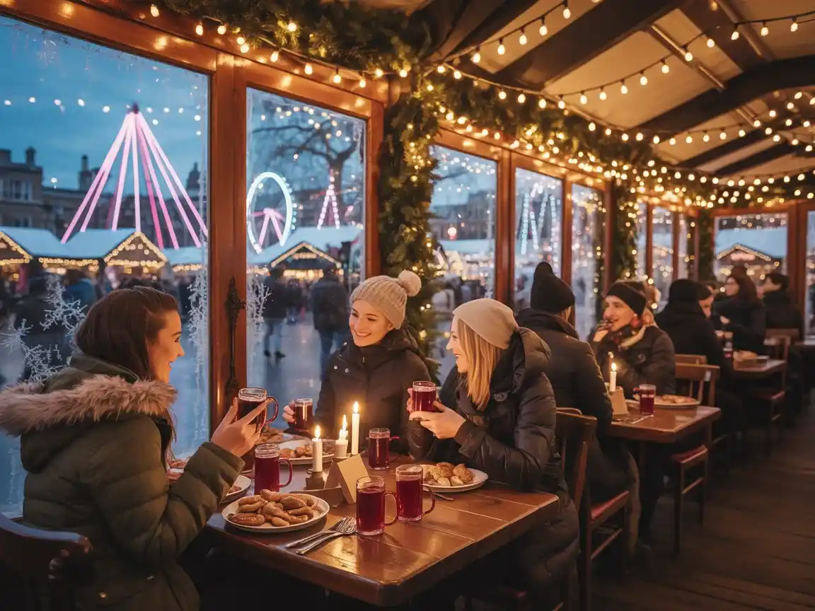 Visitors sharing hot drinks inside a decorated winter market dining chalet strung with fairy lights