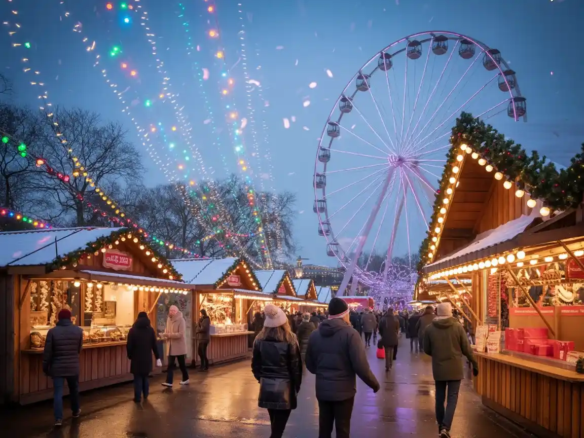 Snow-dusted market stalls and an illuminated observation wheel at a winter fair in the evening