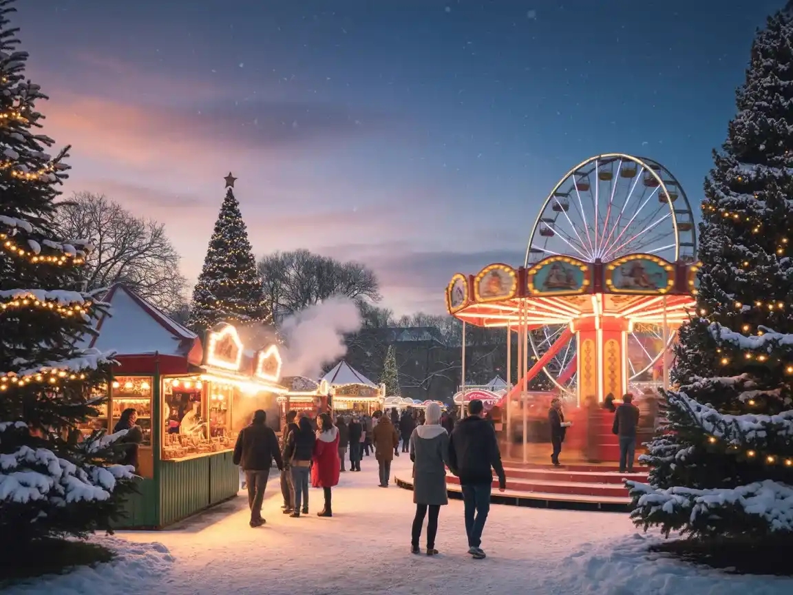 Snowy evening funfair scene with Christmas trees, food stalls and a lit carousel