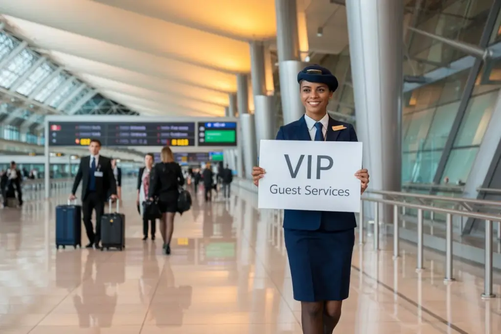 Greeter holding a VIP Guest Services sign in an airport arrivals hall
