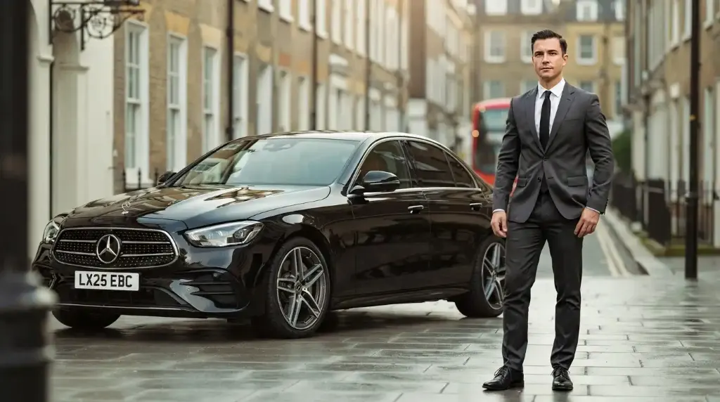 Black Mercedes E-Class used as a licensed chauffeur car in London