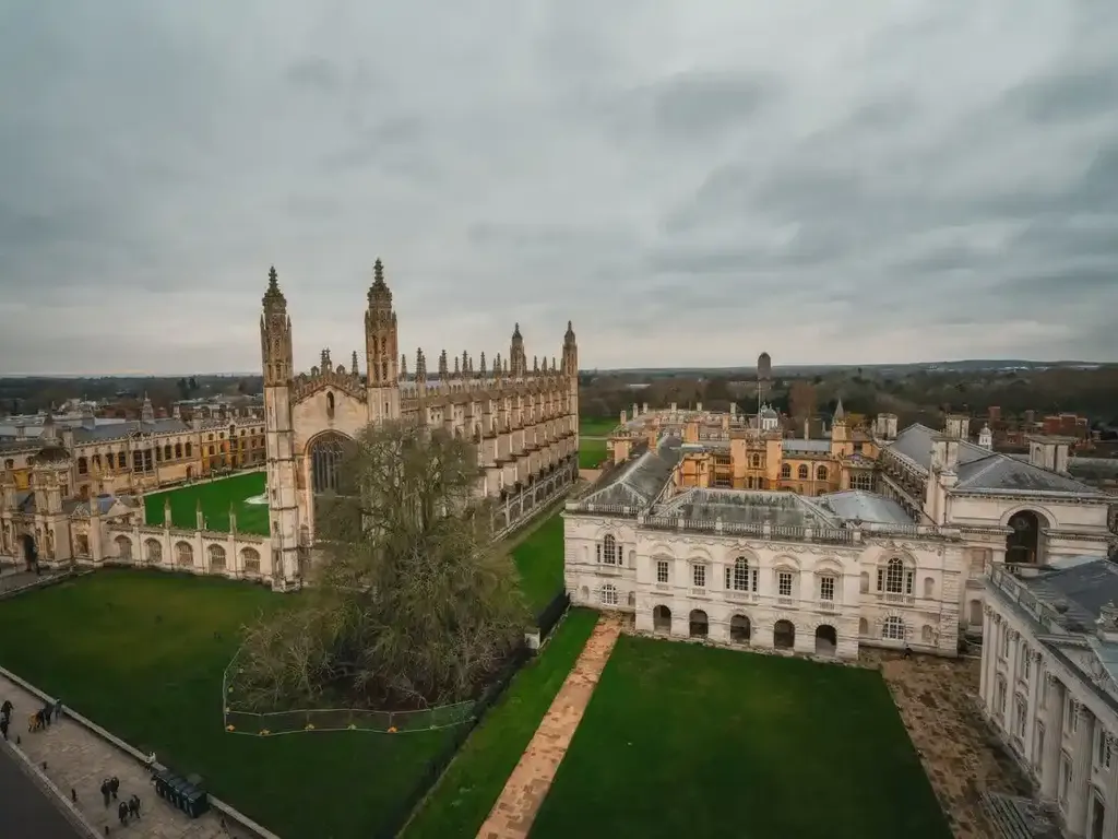 King's College Chapel and the Senate House in Cambridge seen from above