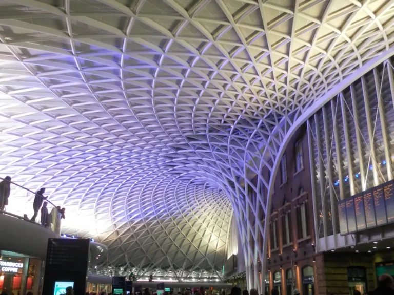 The sweeping white lattice roof over the concourse of King's Cross station