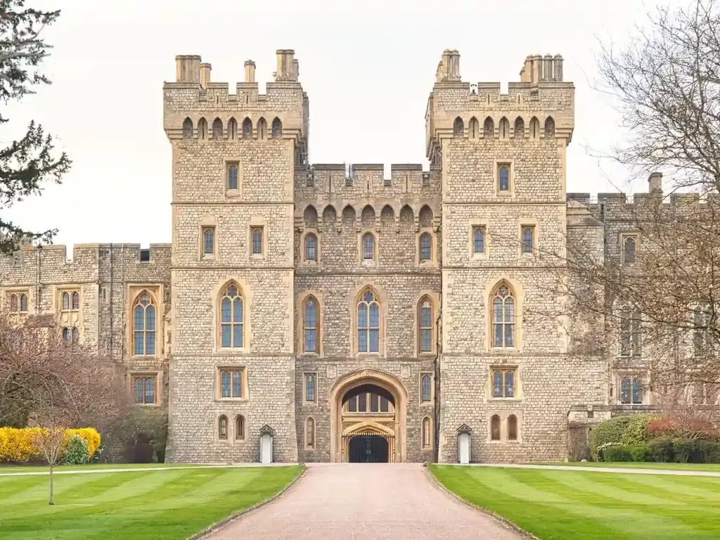 The twin towers and gateway of Windsor Castle seen from the Long Walk