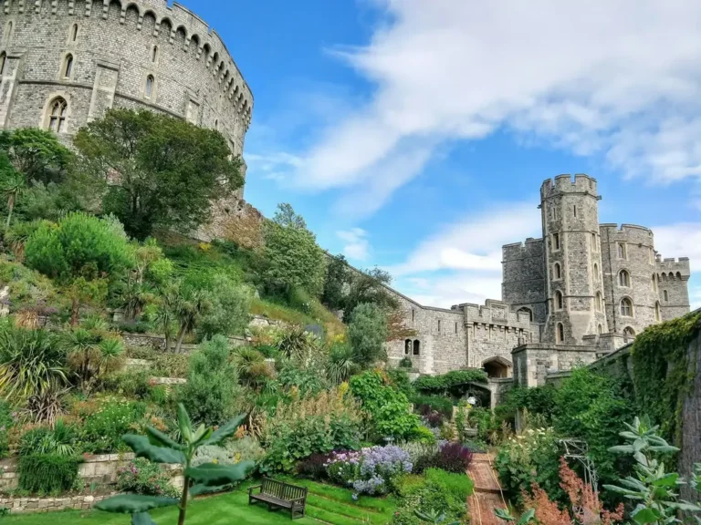 The Round Tower of Windsor Castle above its terraced moat gardens