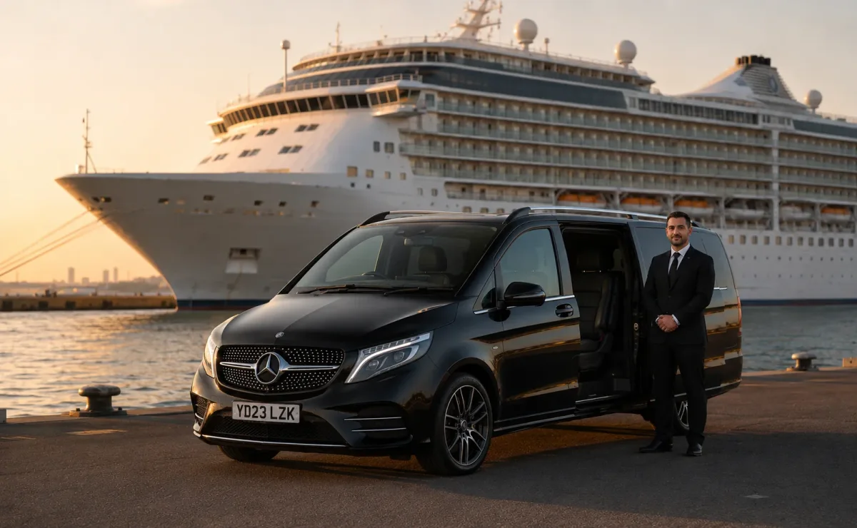 Chauffeur and Mercedes V-Class at the cruise terminal with ship in background