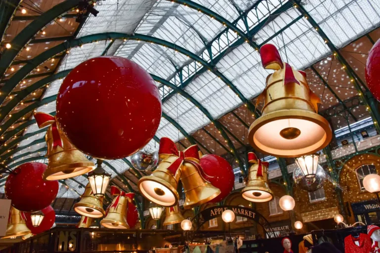Giant Christmas decorations hanging in Covent Garden Market in London