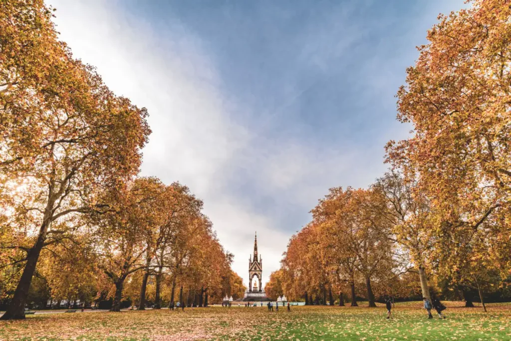The Albert Memorial in London framed by trees in full October colour