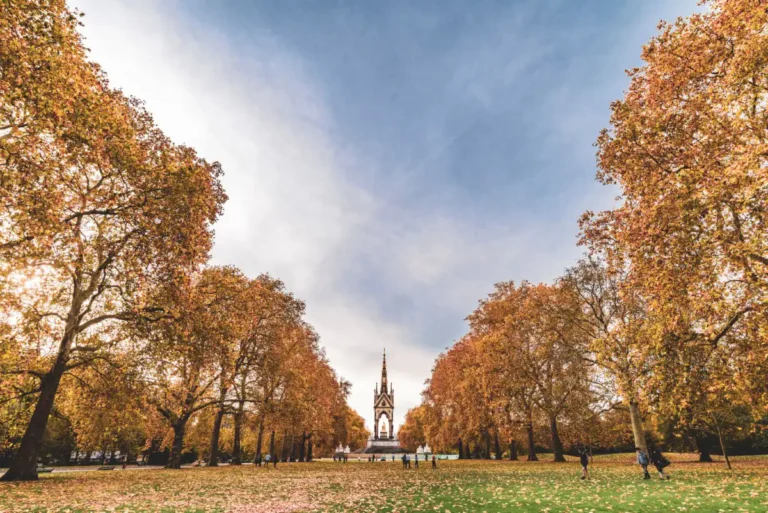 The Albert Memorial in London framed by trees in full October colour