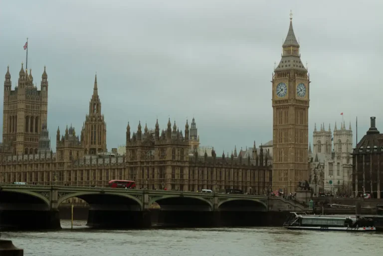 Big Ben and Westminster Bridge in London under a grey winter sky