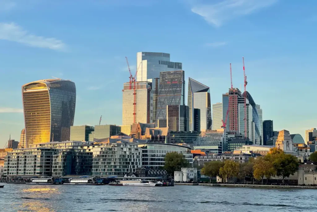 The London skyline and the City towers under a clear September sky