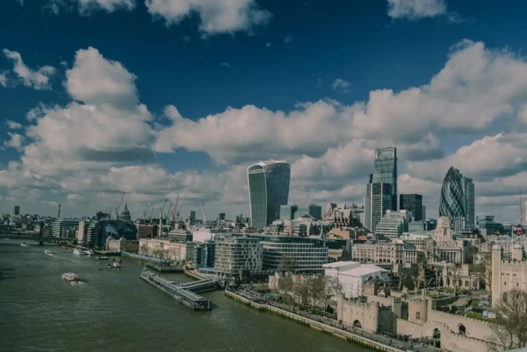The London skyline and Tower Bridge over the River Thames in spring