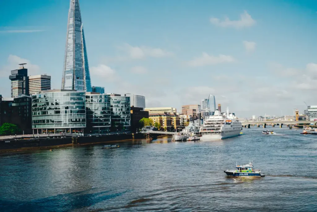 The River Thames and The Shard on a bright spring day in London
