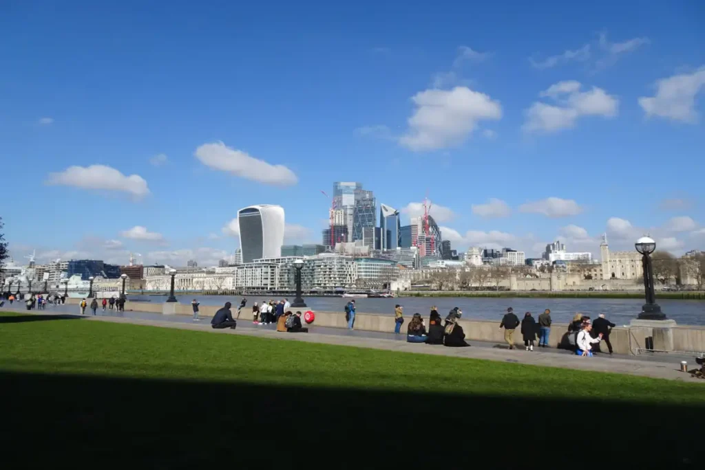 The London skyline along the River Thames on a bright spring day