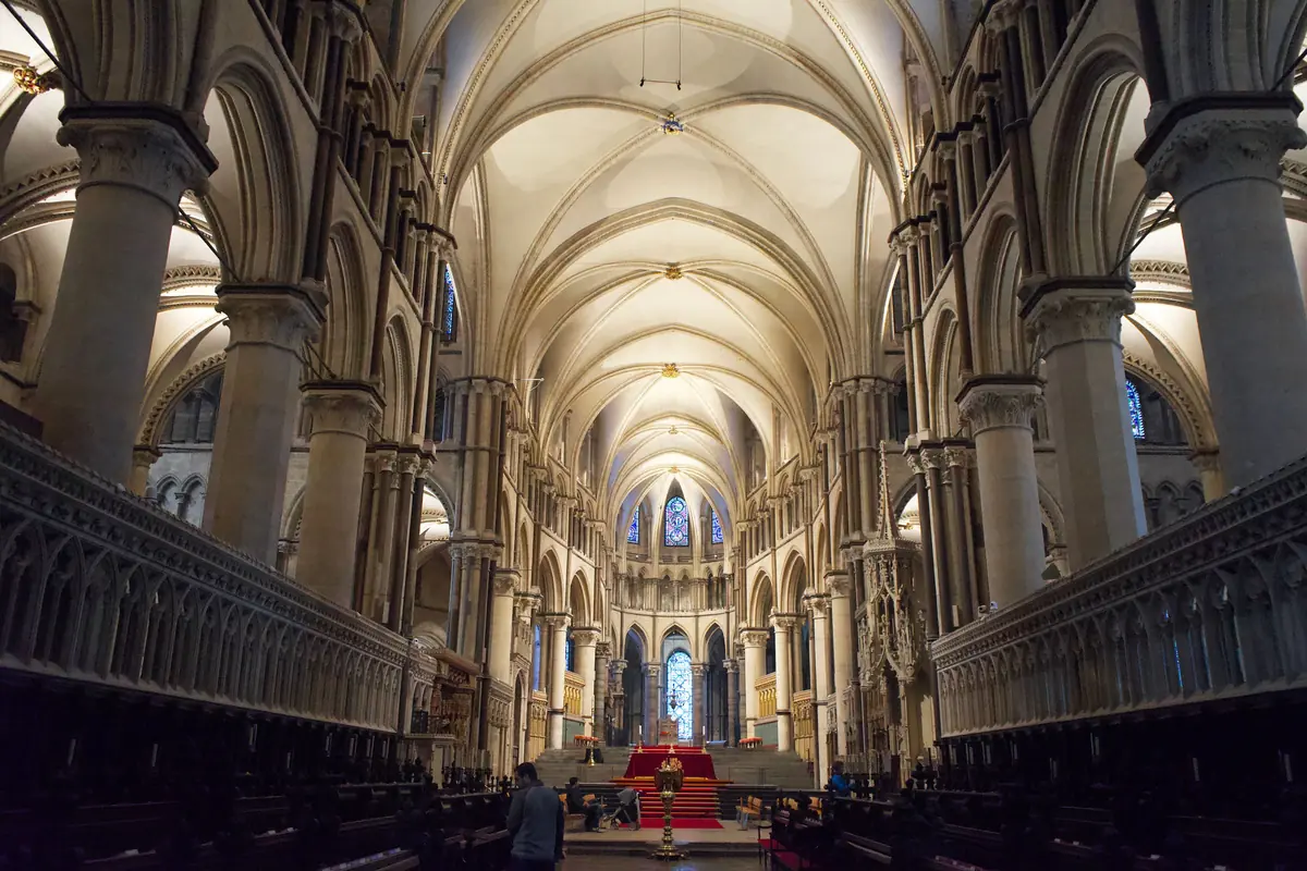 The Gothic nave of Canterbury Cathedral, the first stop of the day trip from London