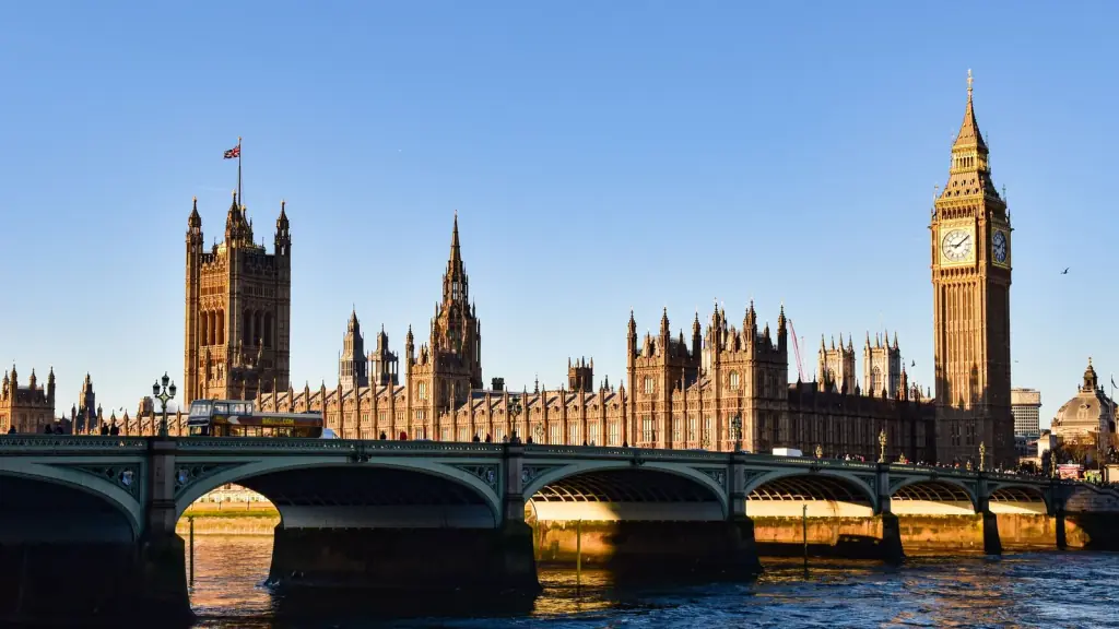 Big Ben and the Houses of Parliament beside Westminster Bridge in golden evening light