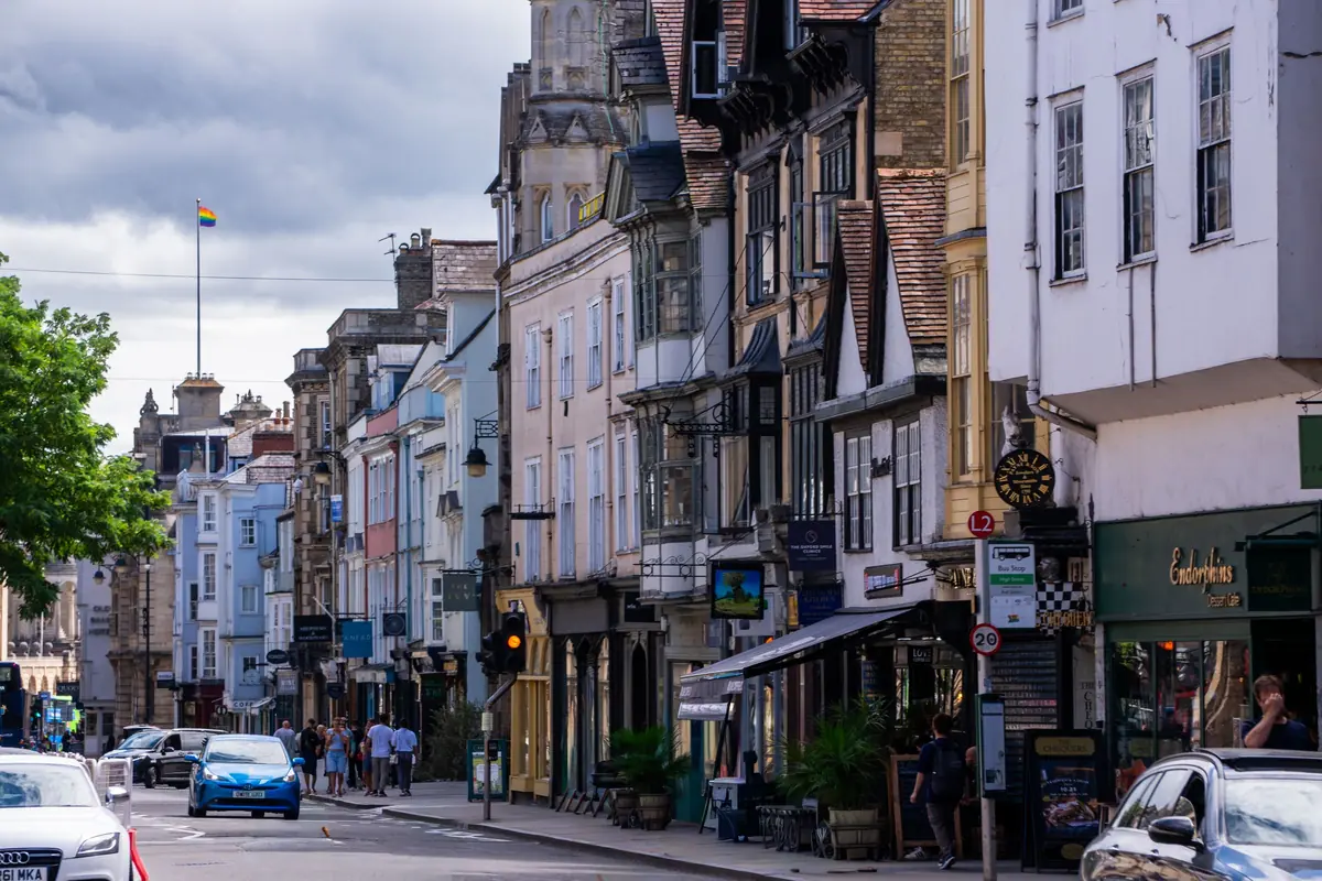 Historic shopfronts on Oxford's High Street, where lunch and the Covered Market are