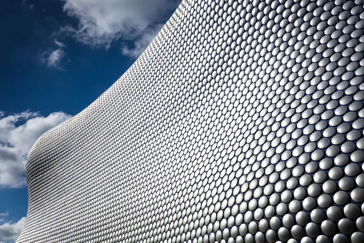 The curved silver-disc facade of the Bullring's landmark building in Birmingham