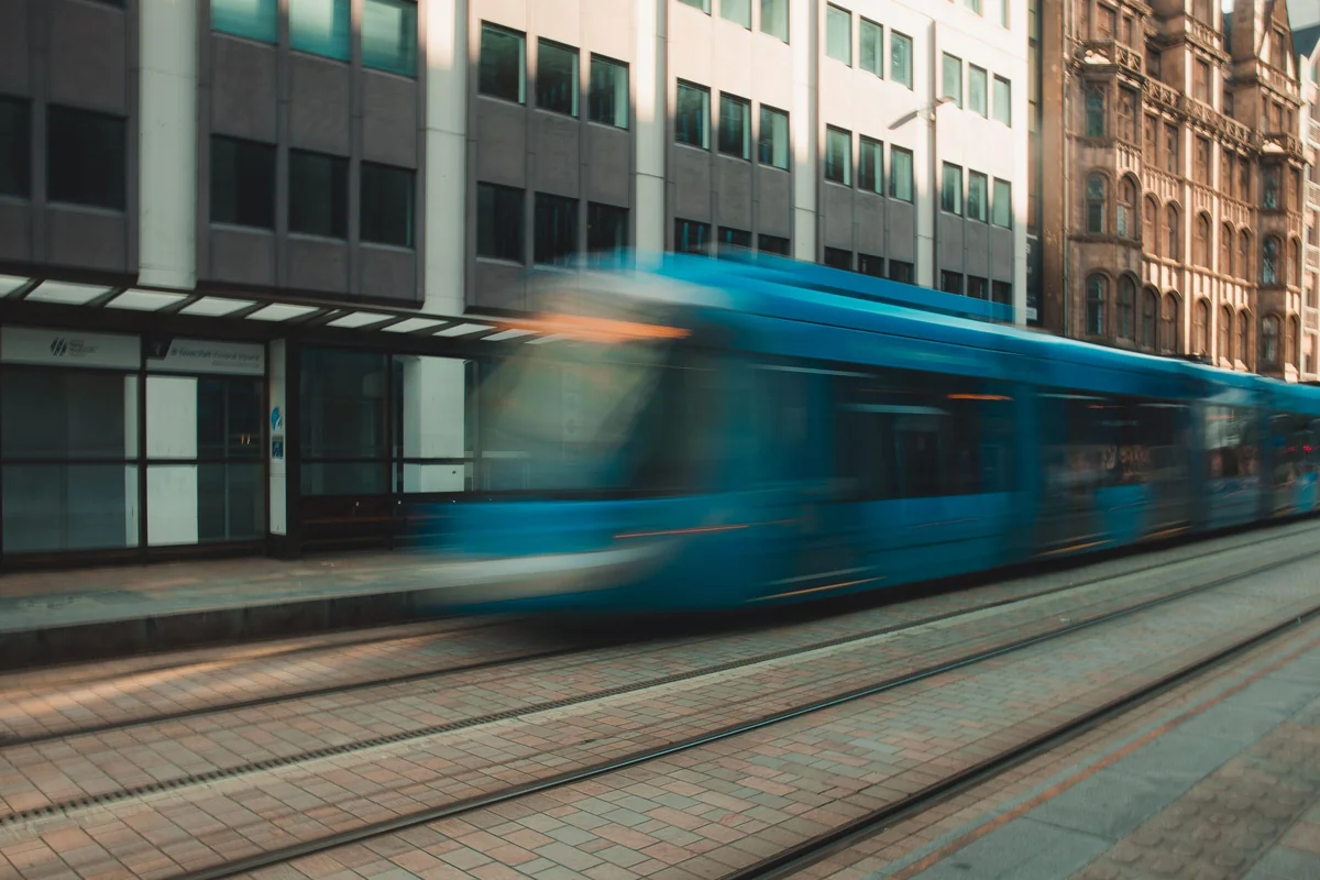 A West Midlands Metro tram passing through Birmingham city centre