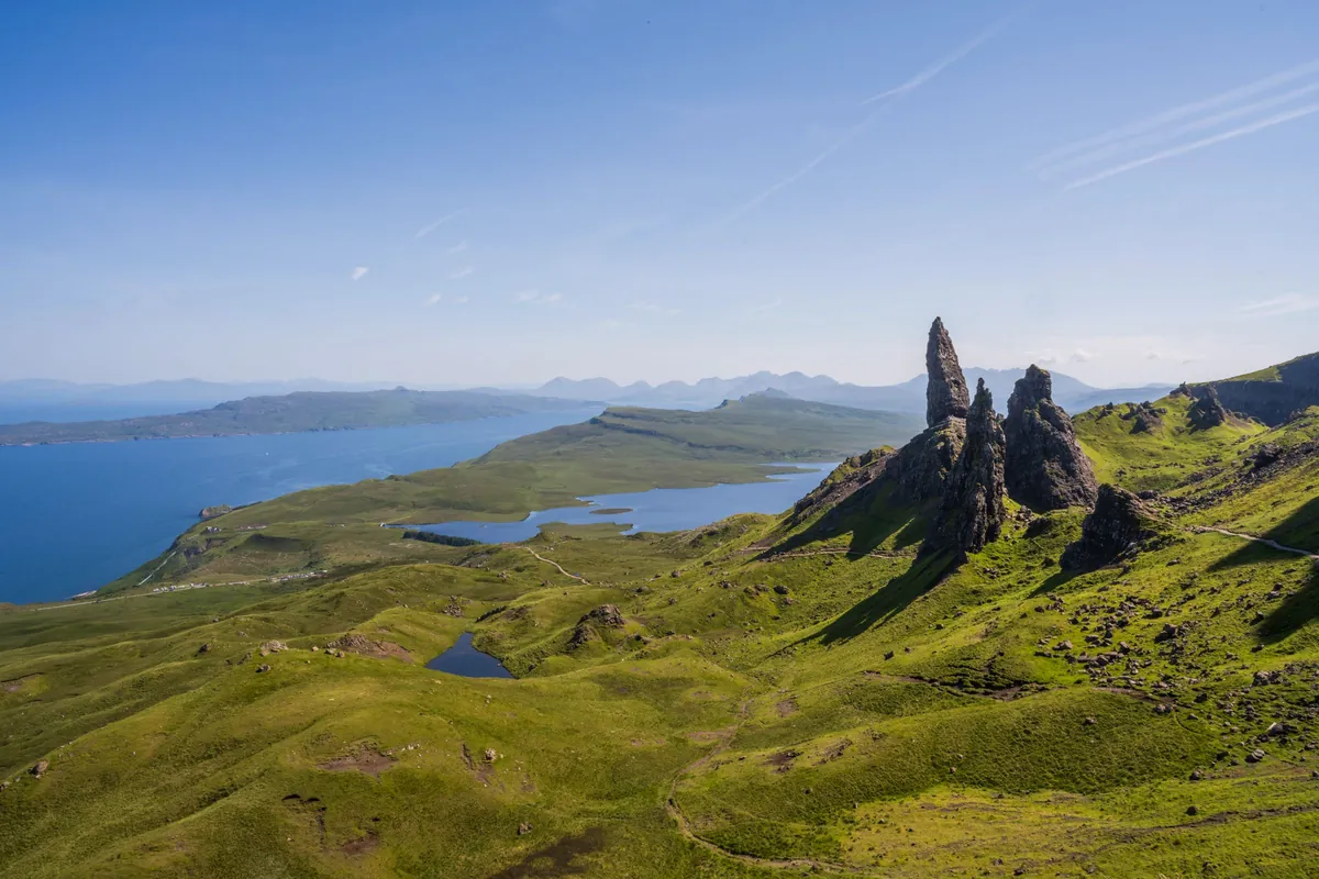 The Old Man of Storr rock pinnacle on the Isle of Skye, reached by the Skye Bridge with no ferry