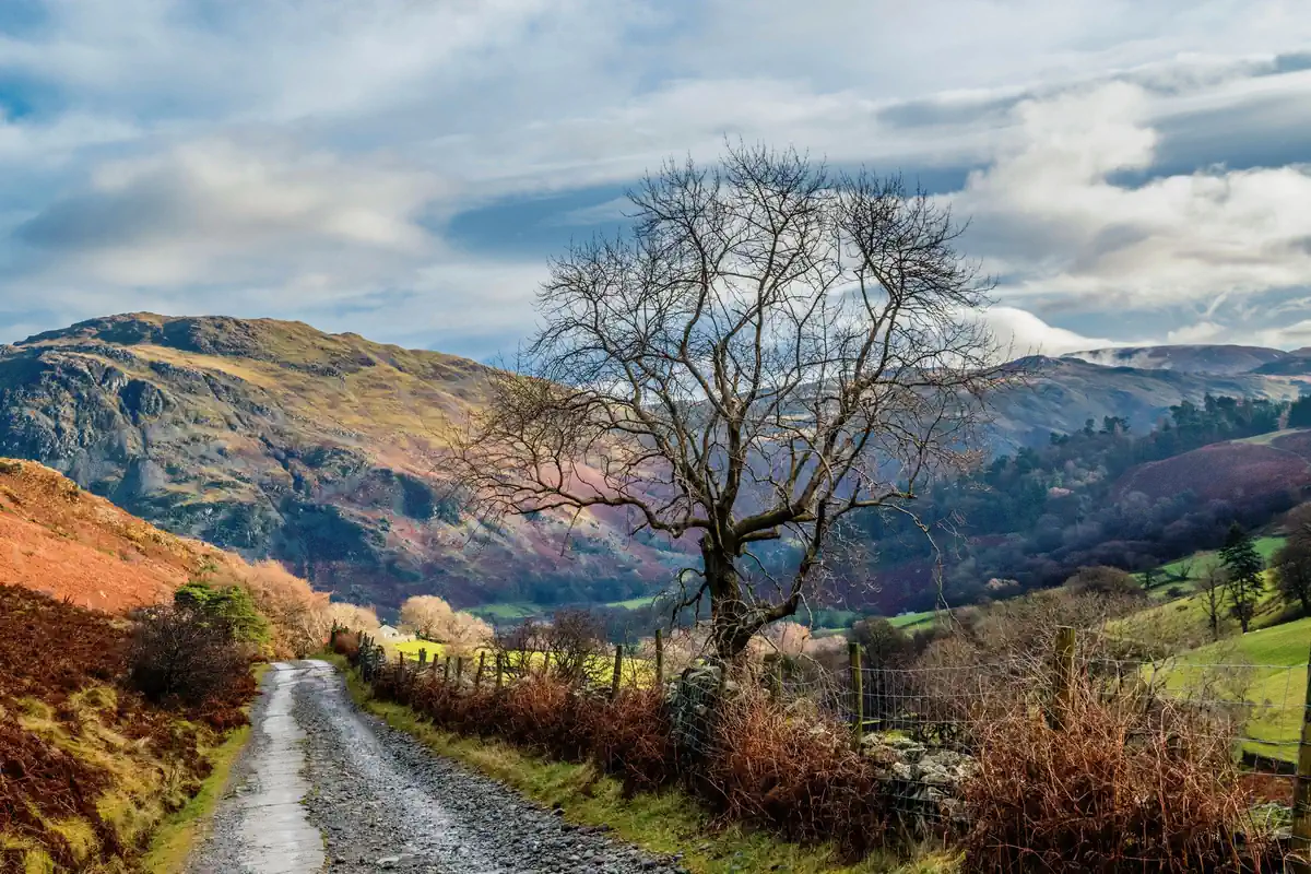 Winding country lane between the fells in Cumbria, Lake District