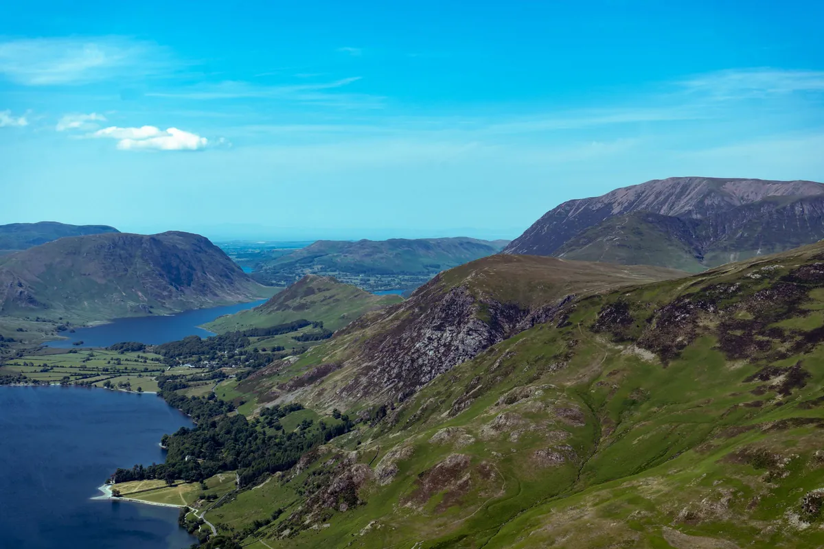 Aerial view of lakes and green fells in the Lake District