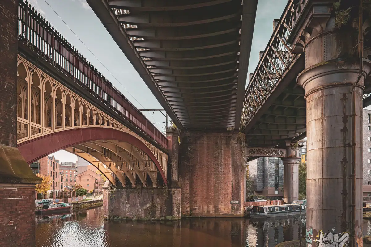 Victorian railway viaducts over the canal at Castlefield, Manchester