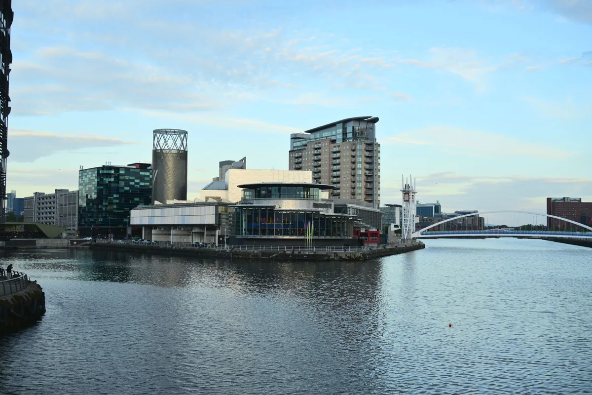 Salford Quays waterfront in Manchester with The Lowry and the Millennium footbridge
