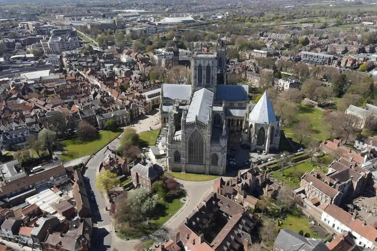 Aerial view of York Minster, a two-hour stop on the drive from London to Edinburgh