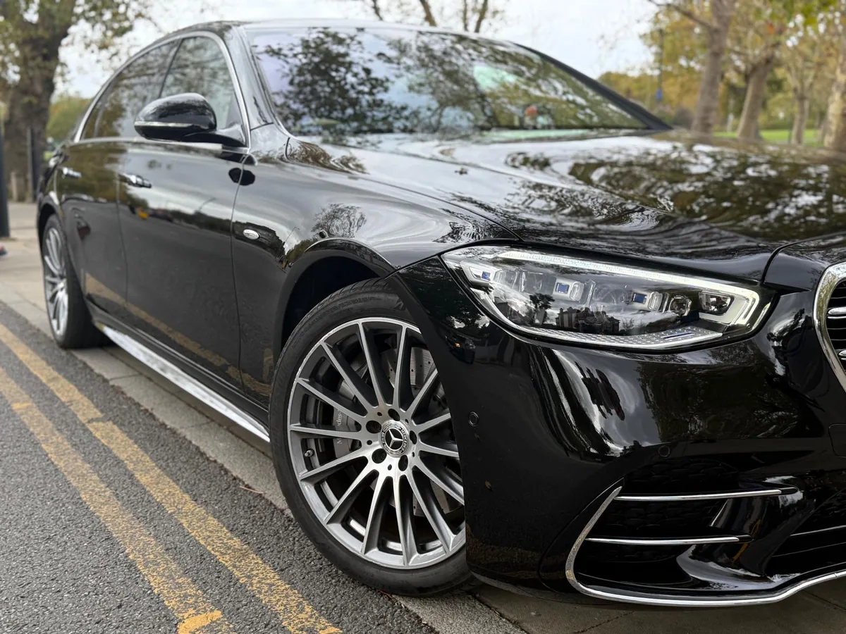 Front of Tripyana's black Mercedes S-Class, a private driver car for patients in London