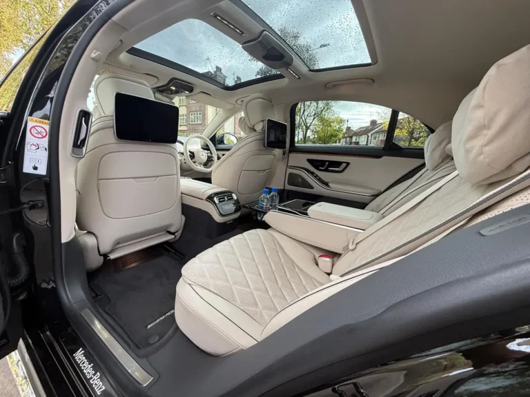 Light rear cabin with panoramic glass roof in a Tripyana Mercedes S-Class