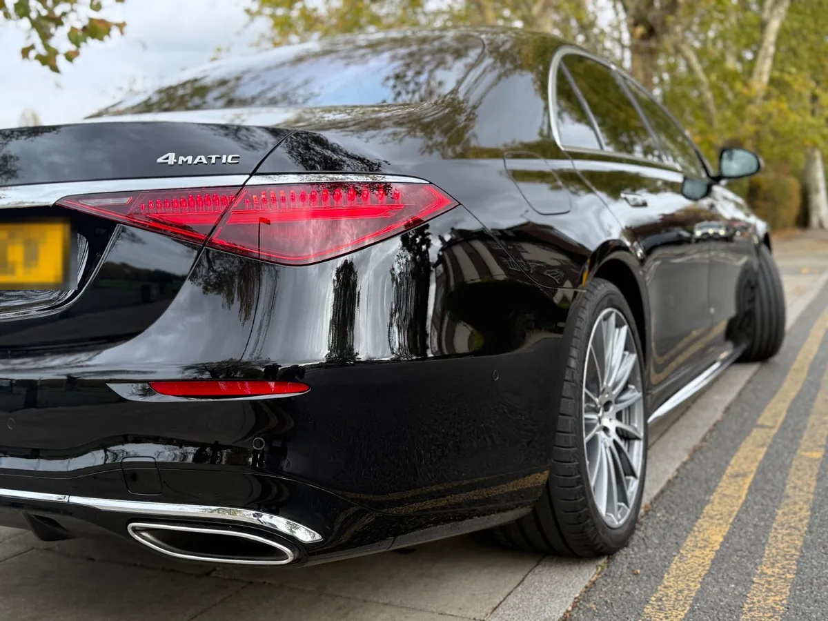 Rear of Tripyana's black Mercedes S-Class, the car for the Hampton Court and Kew half-day trip