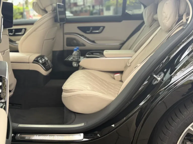Light leather rear seat in a Tripyana Mercedes S-Class