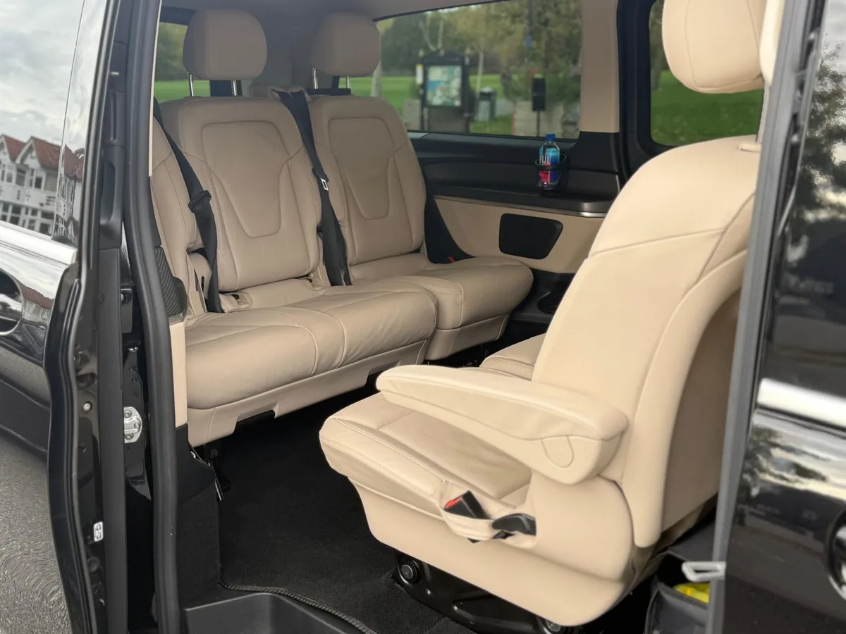 Mercedes V-Class interior with three rows of leather seats, the group car for a Wimbledon day