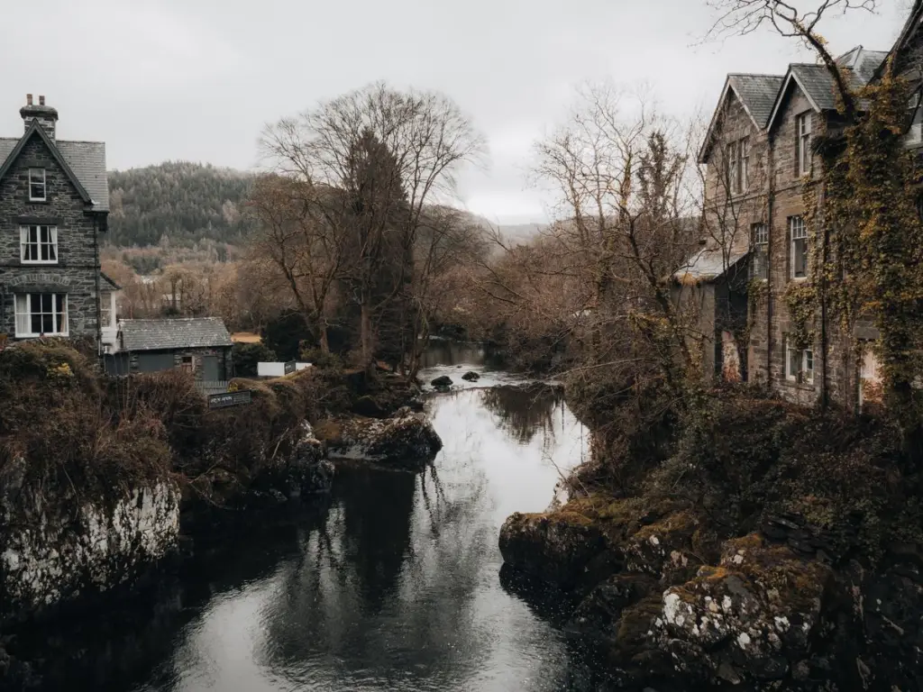 Stone houses of Betws-y-Coed above the river, the day-one lunch stop in North Wales