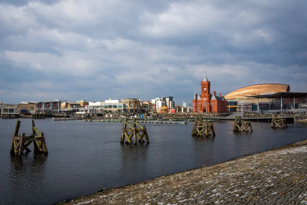 The red-brick Pierhead Building and Wales Millennium Centre on the Cardiff Bay waterfront