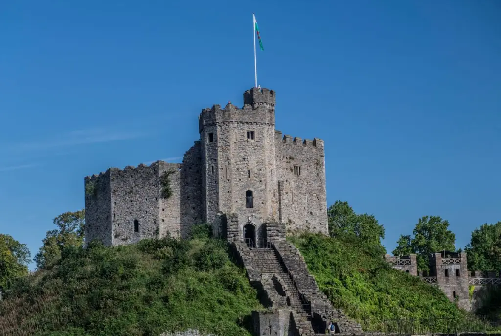 Cardiff Castle's Norman keep on its grassy mound, the first stop of the day in Cardiff